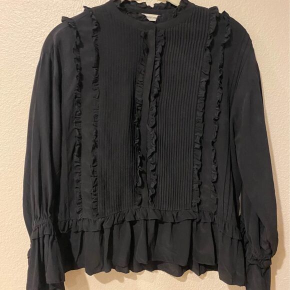 ULLA JOHNSON Najda Silk Blouse Pintuck Ruffle Pleated Bell Sleeve Top Raven 2 - Picture 2 of 9